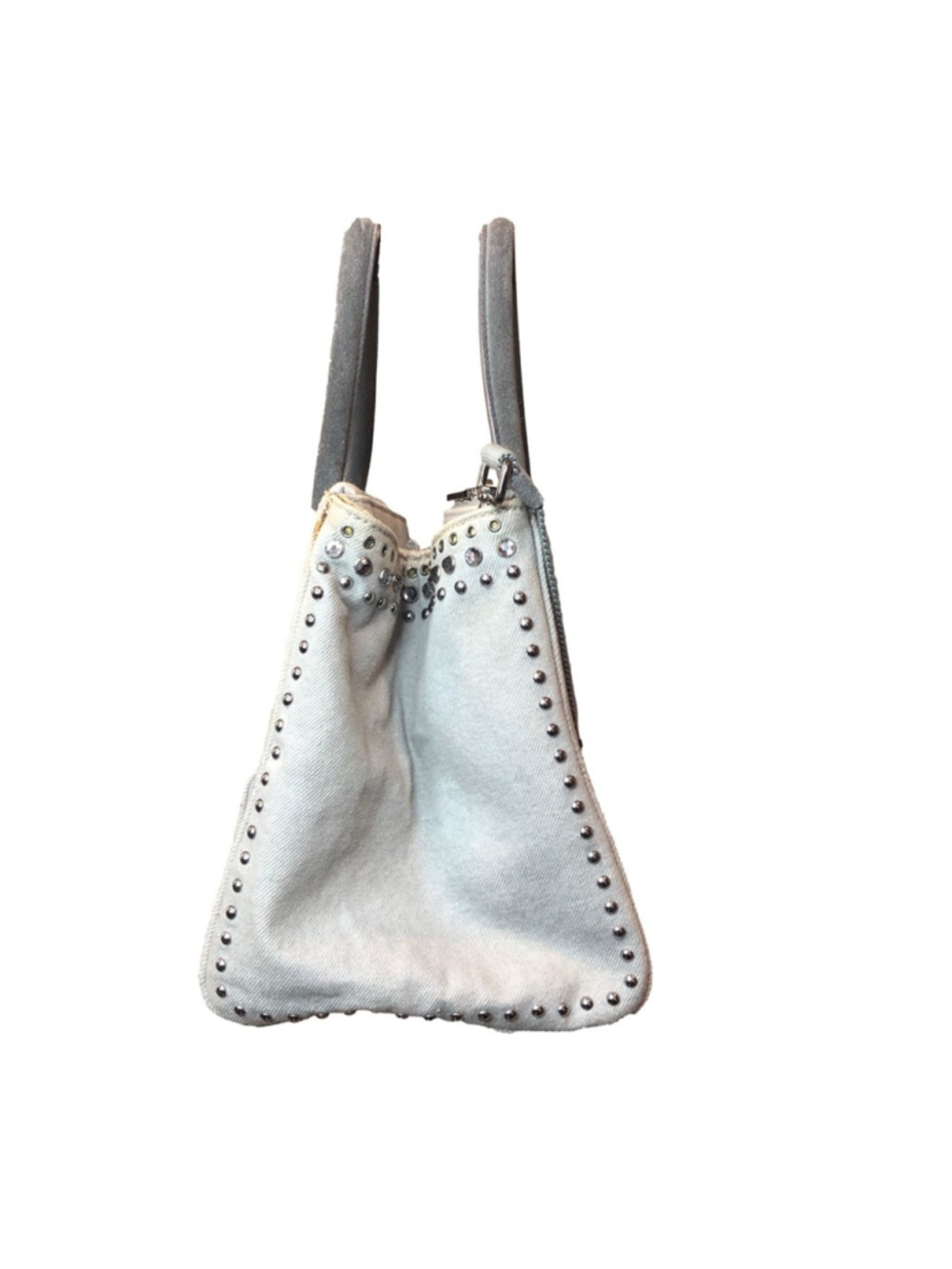 PRADA Canapa Bijoux 2-Way LT Grey Canvas Tote Bag Adorned with Crystals & Studs - Picture 6 of 17